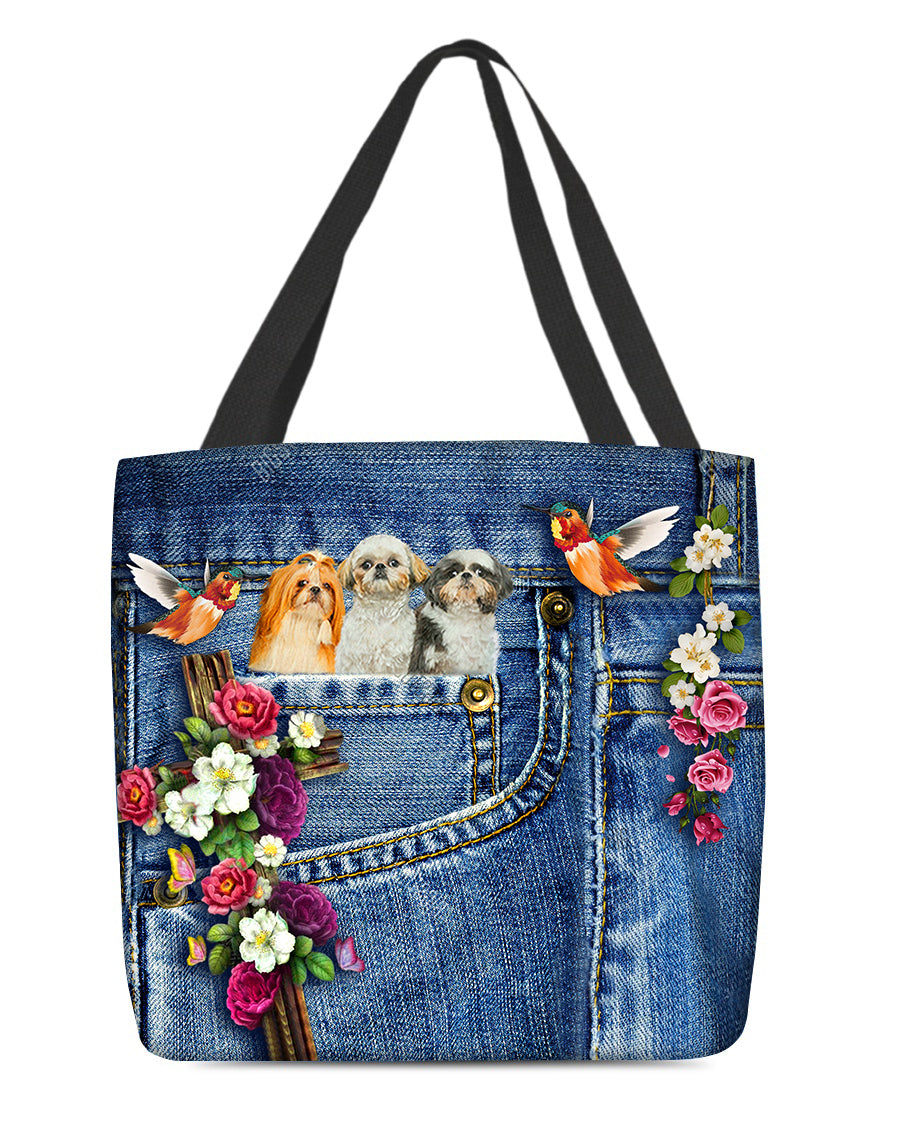 Shih tzu 3-Cardinal &amp; Cross Flower Cloth Tote Bag