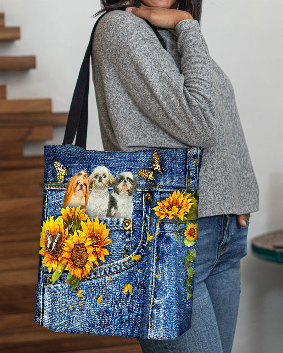 Shih tzu 3-Sunflowers &amp; Butterflies Cloth Tote Bag