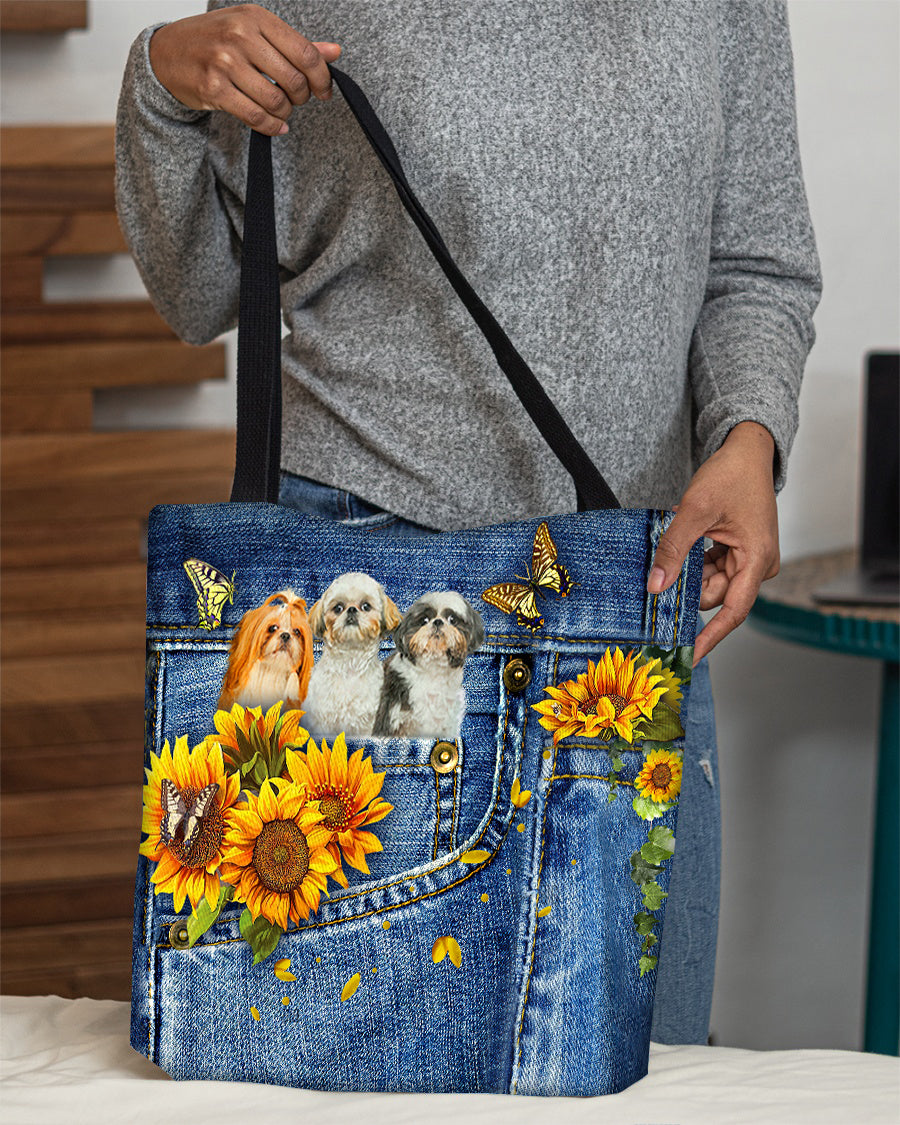 Shih tzu 3-Sunflowers &amp; Butterflies Cloth Tote Bag