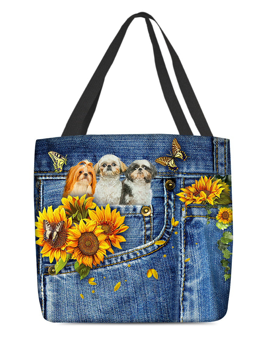 Shih tzu 3-Sunflowers &amp; Butterflies Cloth Tote Bag