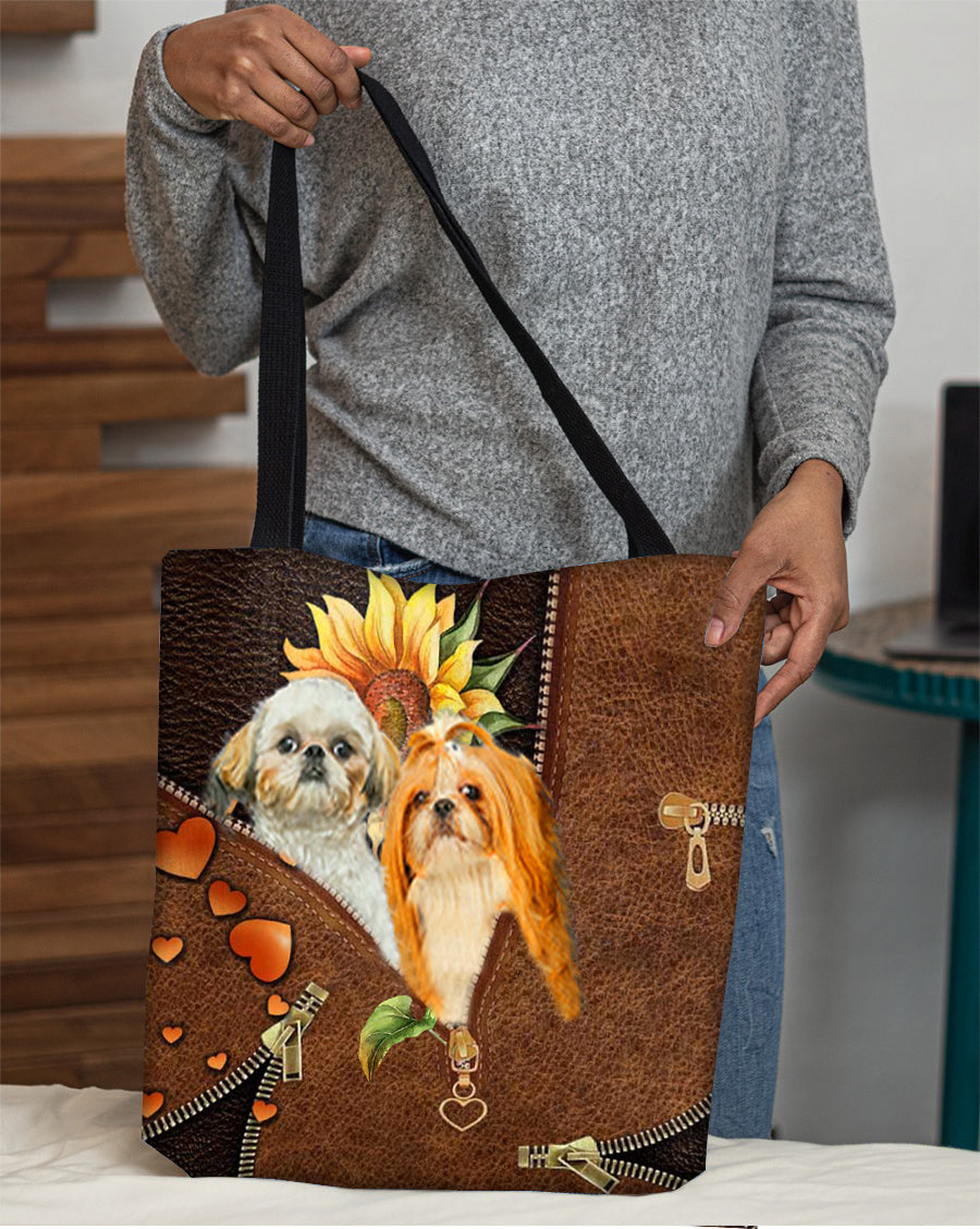 Shih tzu 3-Sunflower&amp;zipper Cloth Tote Bag