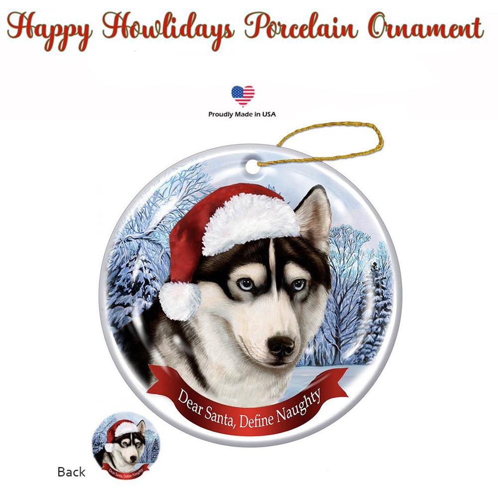 Siberian Husky Black &amp; White Blue Eyes Santa Hat Porcelain Christmas Ornament
