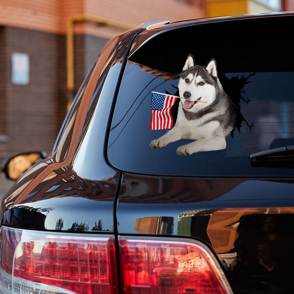 Siberian Husky And American Flag Independent Day Car Sticker Decal