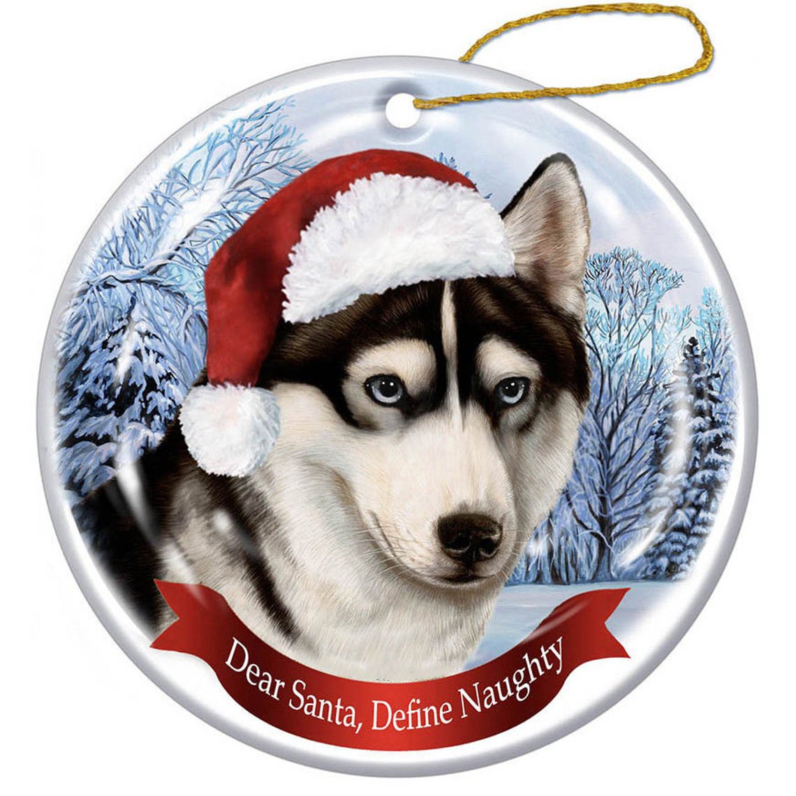 Siberian Husky Black &amp; White Blue Eyes Santa Hat Porcelain Christmas Ornament