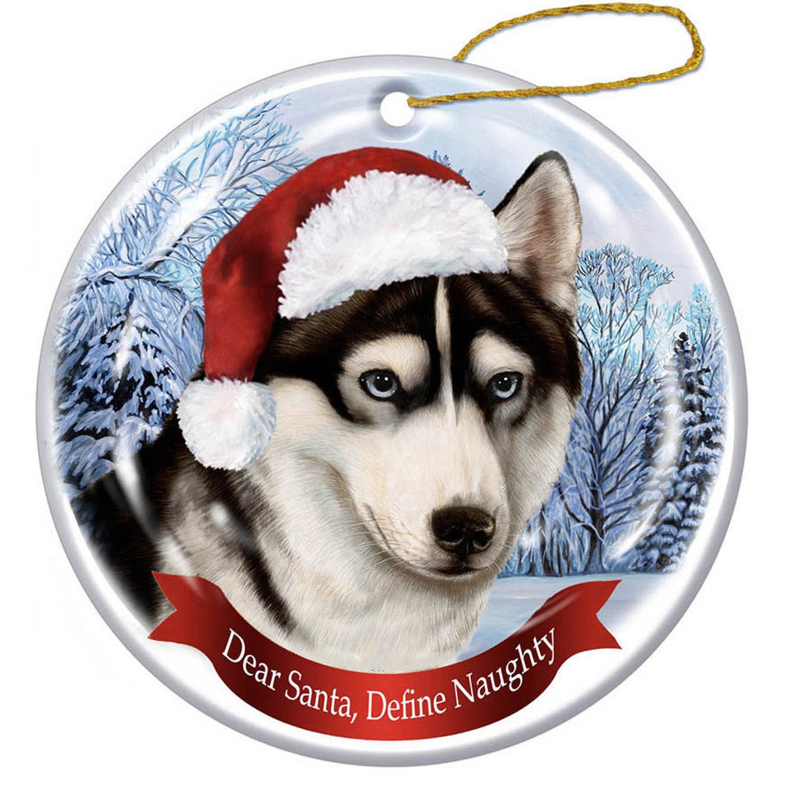 Siberian Husky Black & White Blue Eyes Santa Hat Porcelain Christmas Ornament