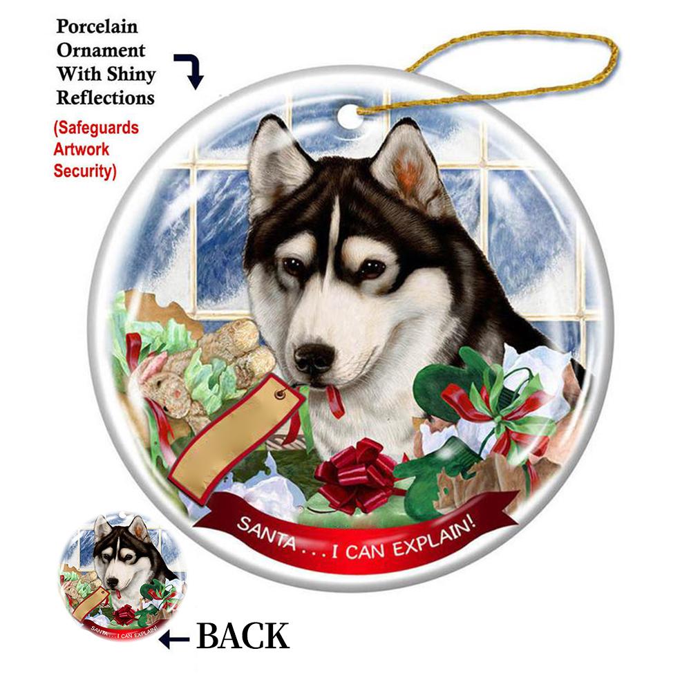Siberian Husky Black&amp;White brown eyes Porcelain Hanging Ornament