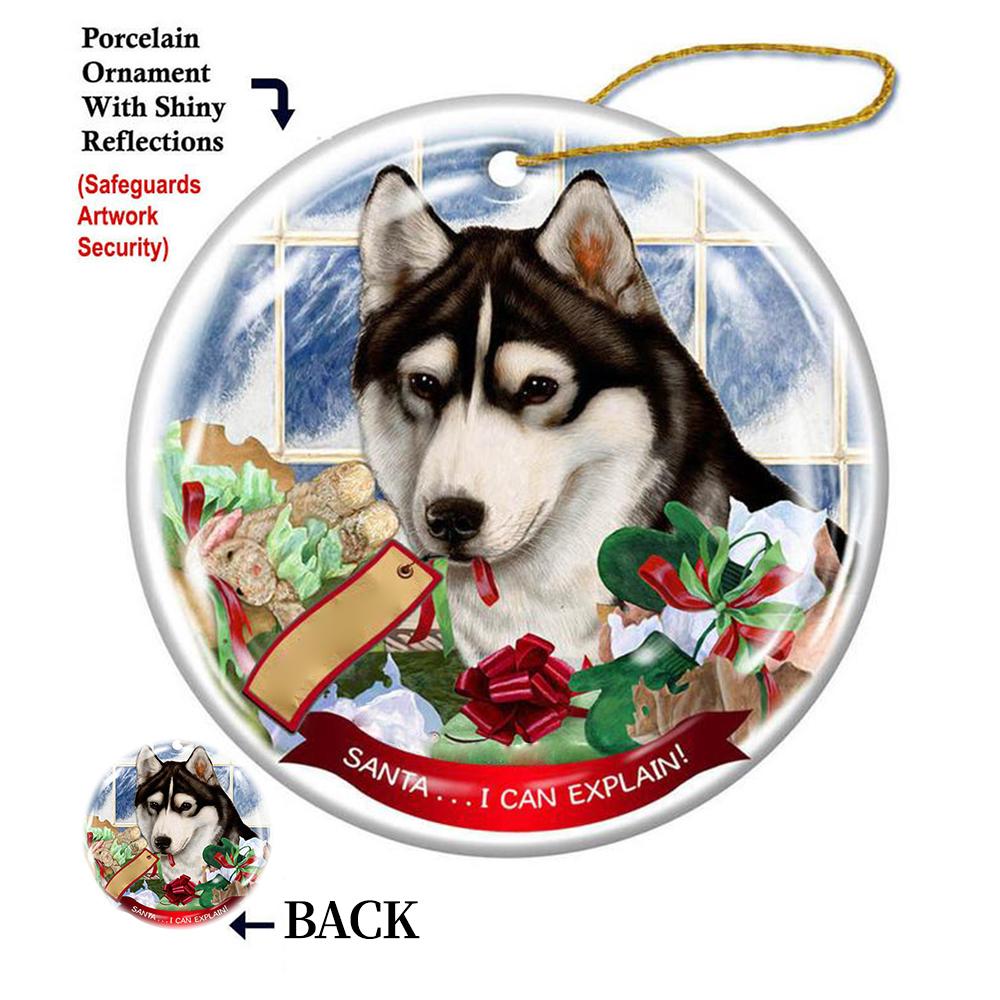 Siberian Husky Black&White brown eyes Porcelain Hanging Ornament