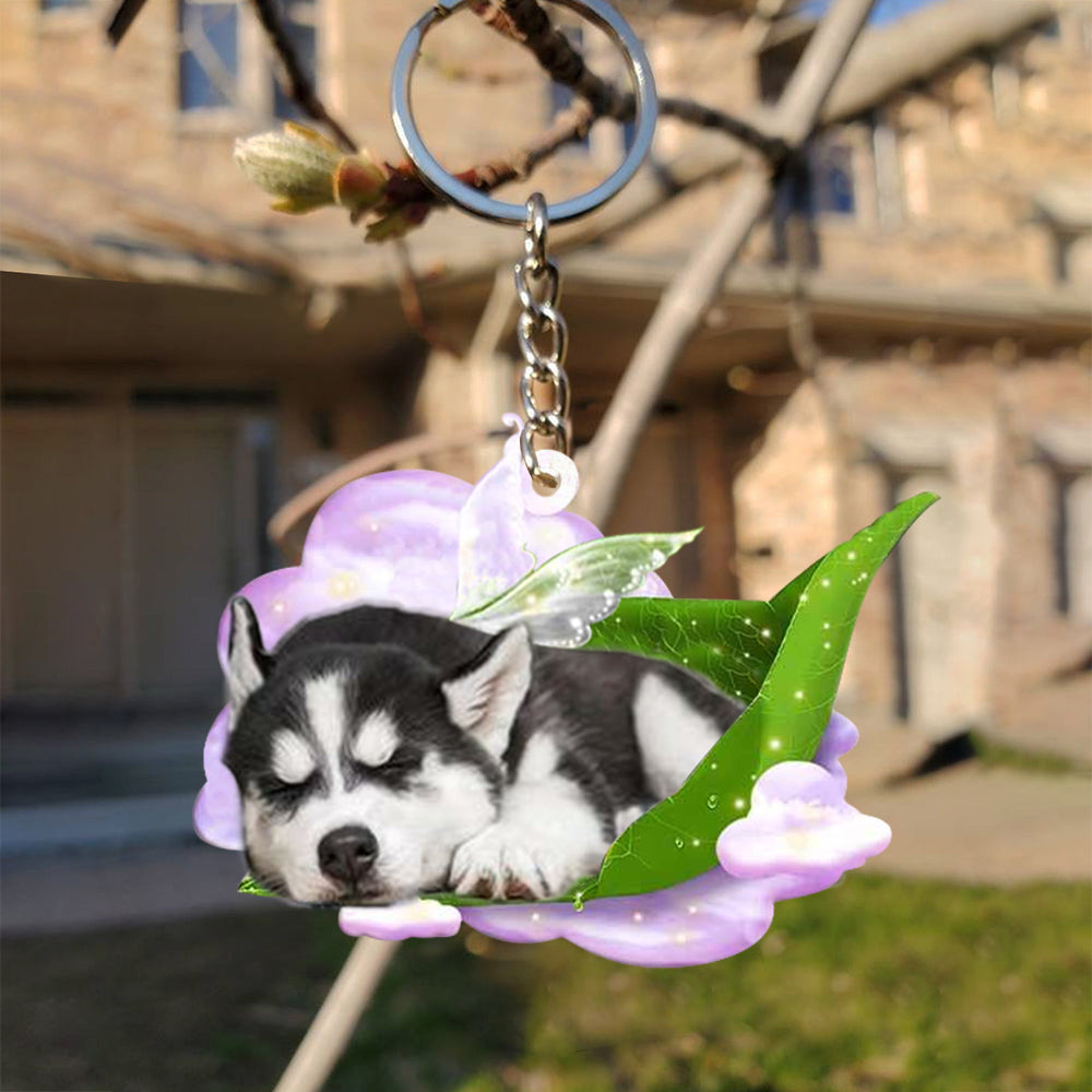 Siberian Husky-Sleep On Fallen Leaves Flat Acrylic Keychain