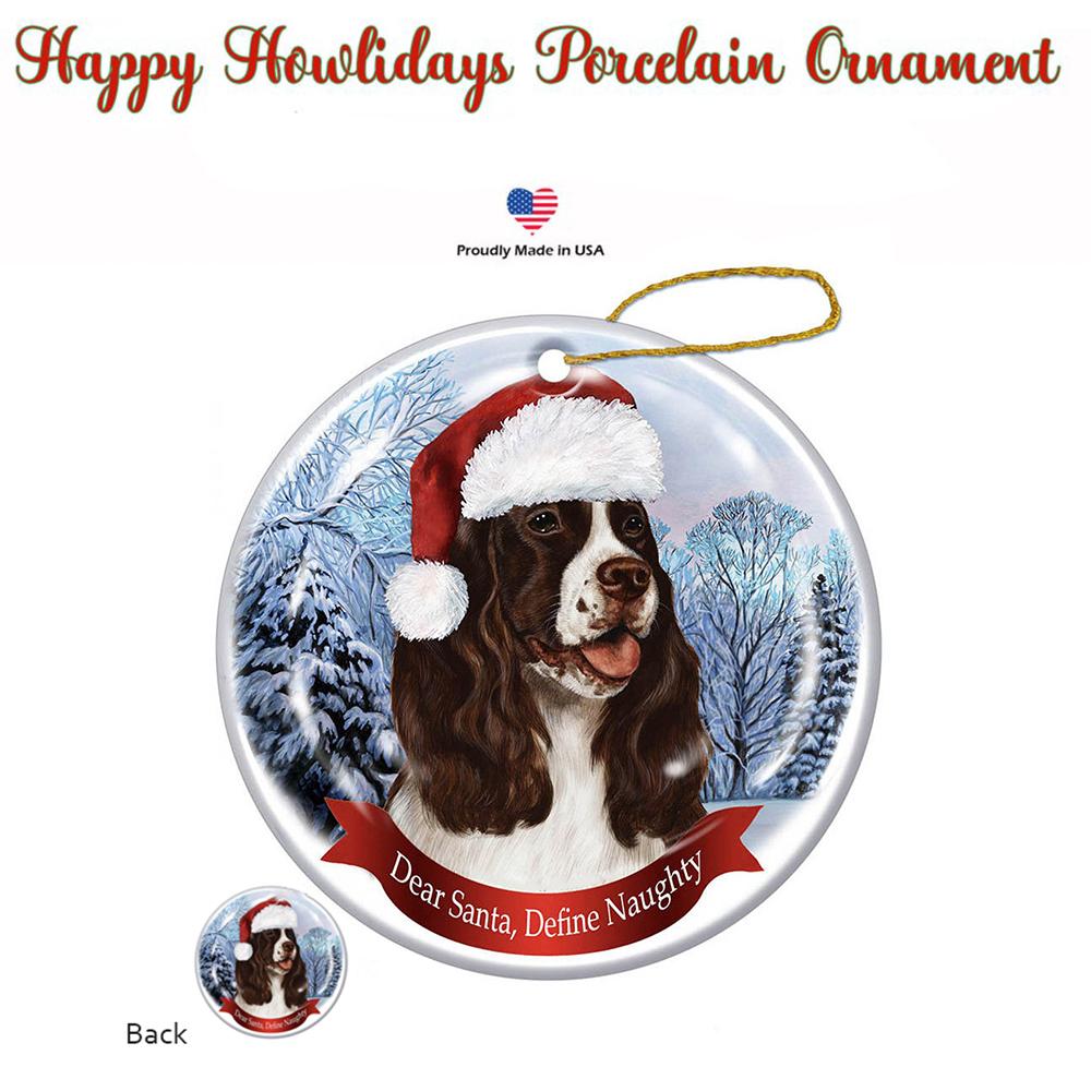 Springer Spaniel (Liver &amp; White) Santa Hat Porcelain Christmas Ornament