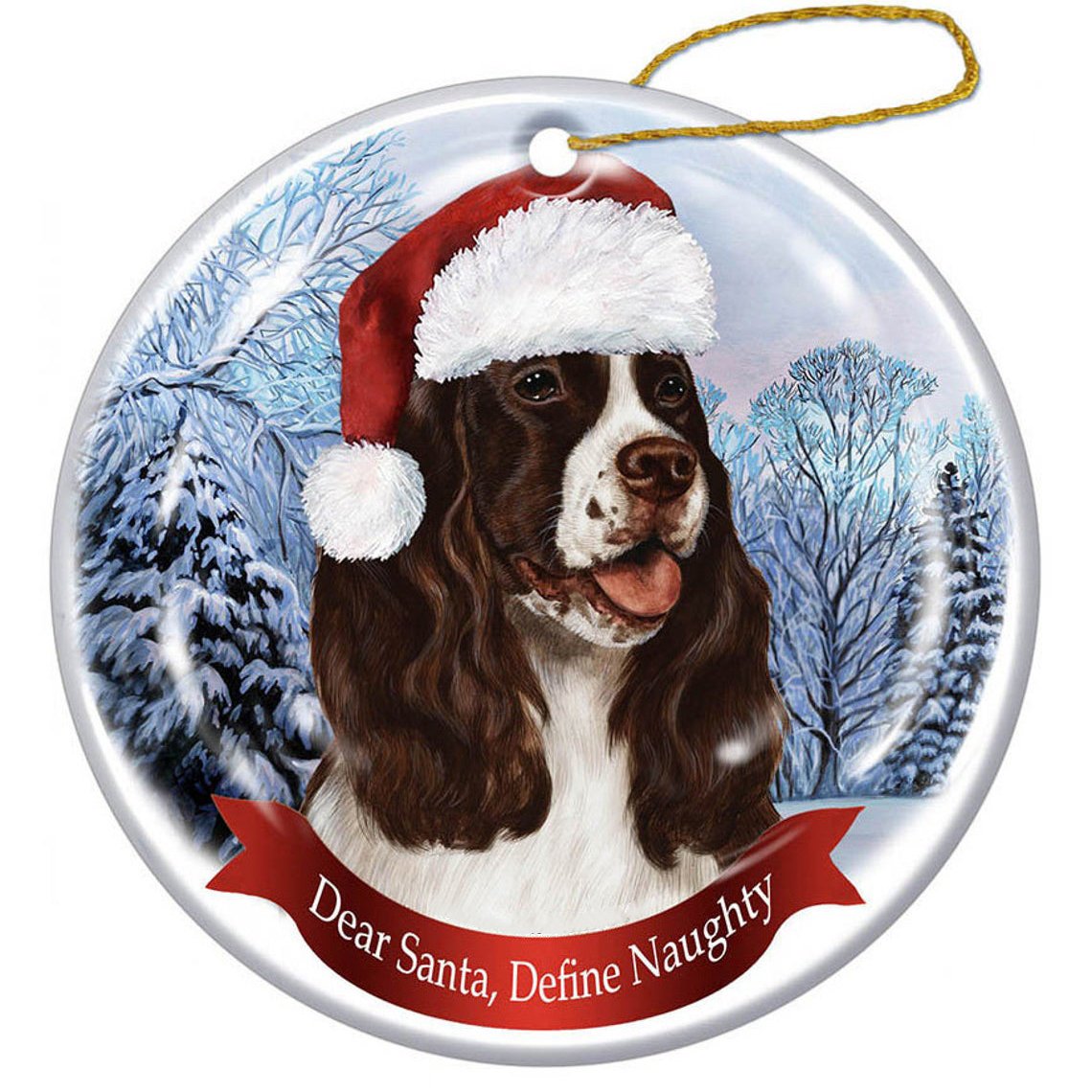 Springer Spaniel (Liver &amp; White) Santa Hat Porcelain Christmas Ornament
