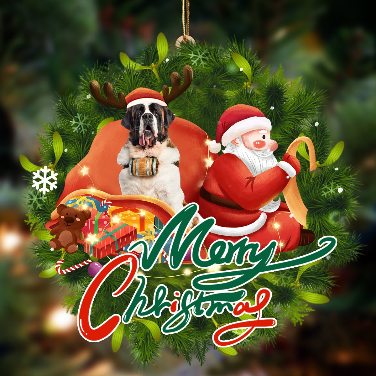 St Bernard-Santa & dog Hanging Ornament