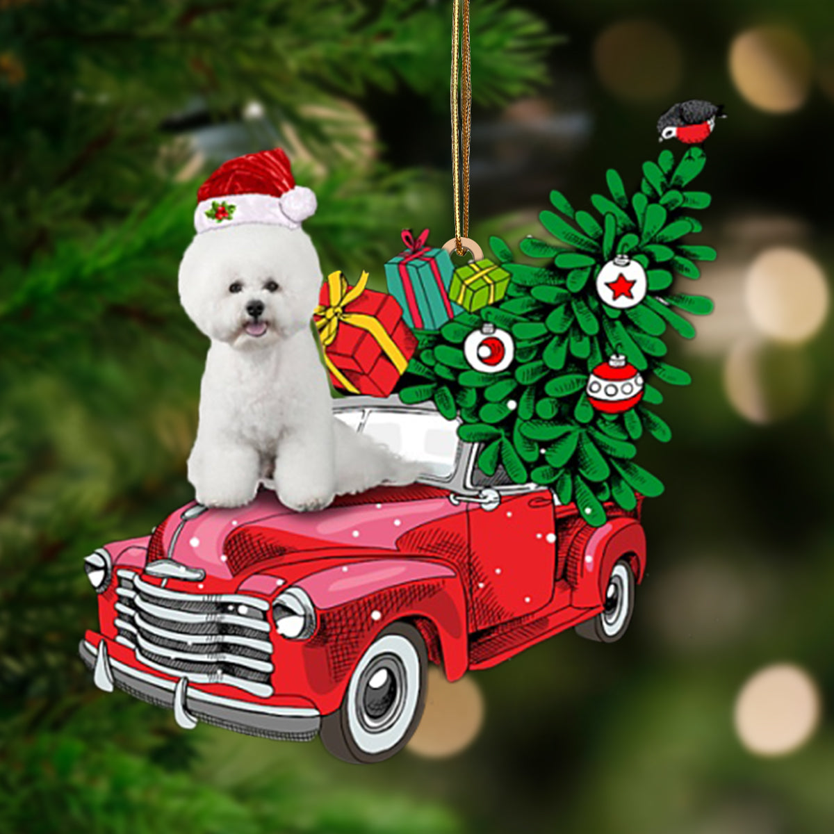 WHITE Bichon Frise-Pine Truck Hanging Ornament
