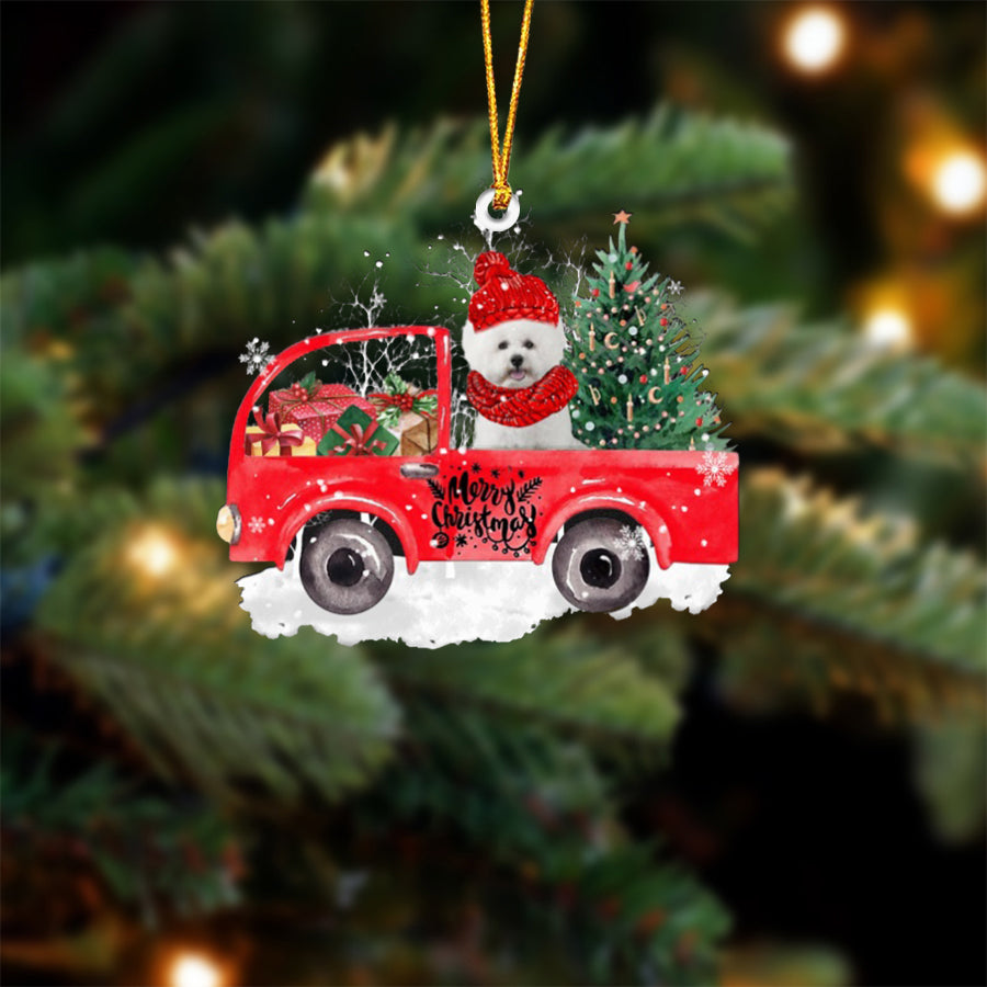 WHITE Bichon Frise-Xmas Truck-Two Sided Ornament