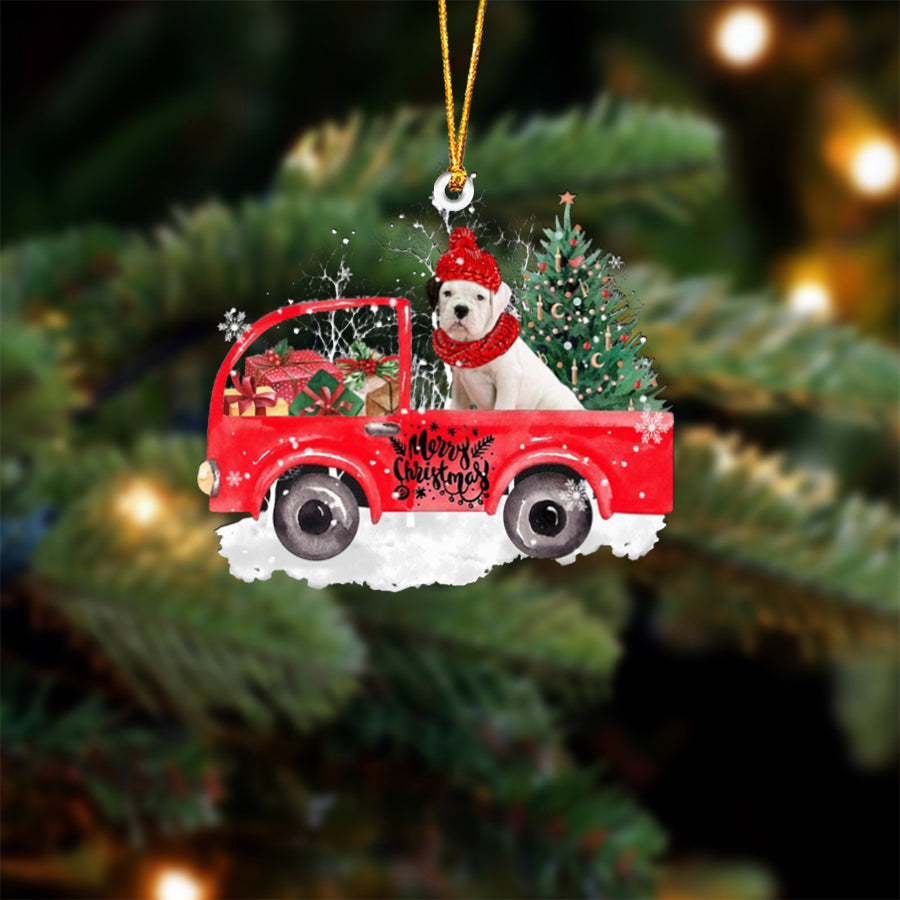 WHITE Boxer-Xmas Truck-Two Sided Ornament