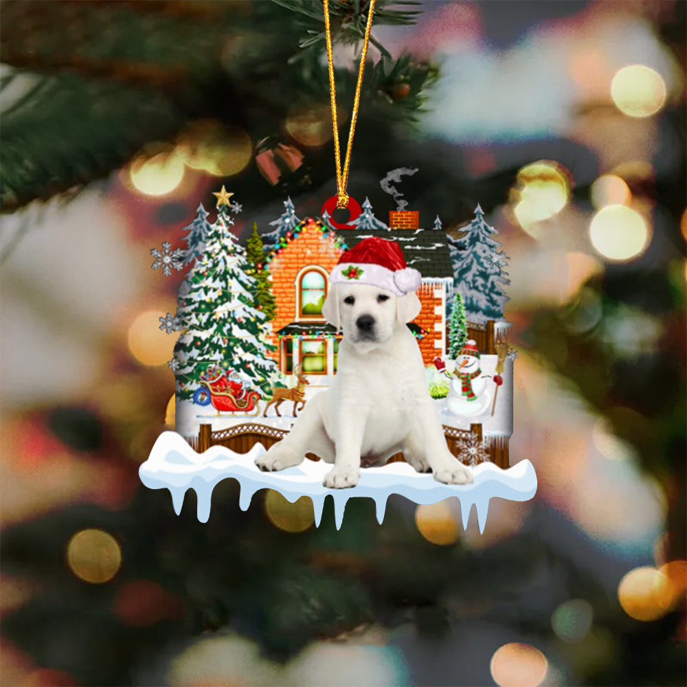WHITE Labrador-Xmas House-Two Sided Ornament