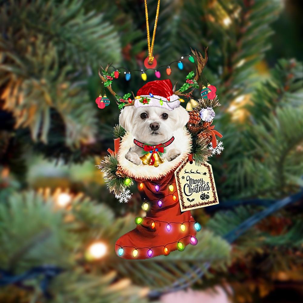 WHITE Maltese-Xmas Boot-Two Sided Ornament