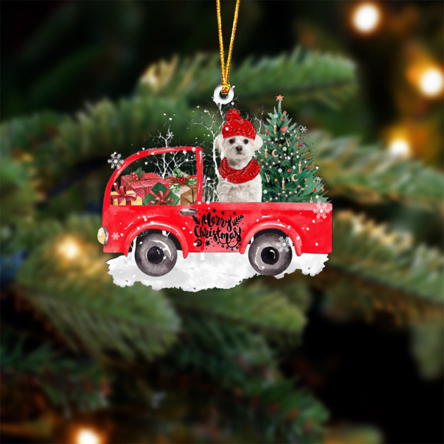 WHITE Maltese-Xmas Truck-Two Sided Ornament