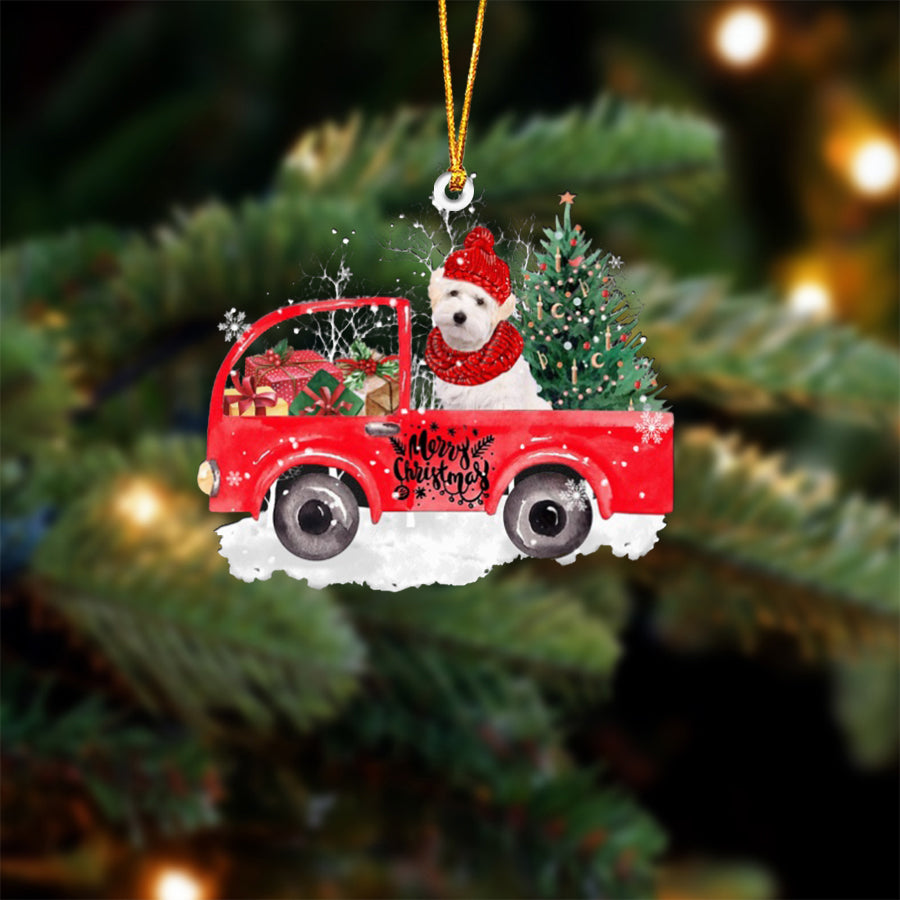 WHITE Maltipoo-Xmas Truck-Two Sided Ornament
