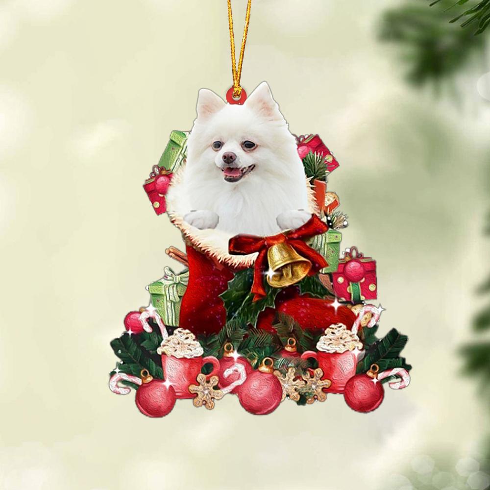 WHITE Pomeranian-Red Boot Hanging Ornament