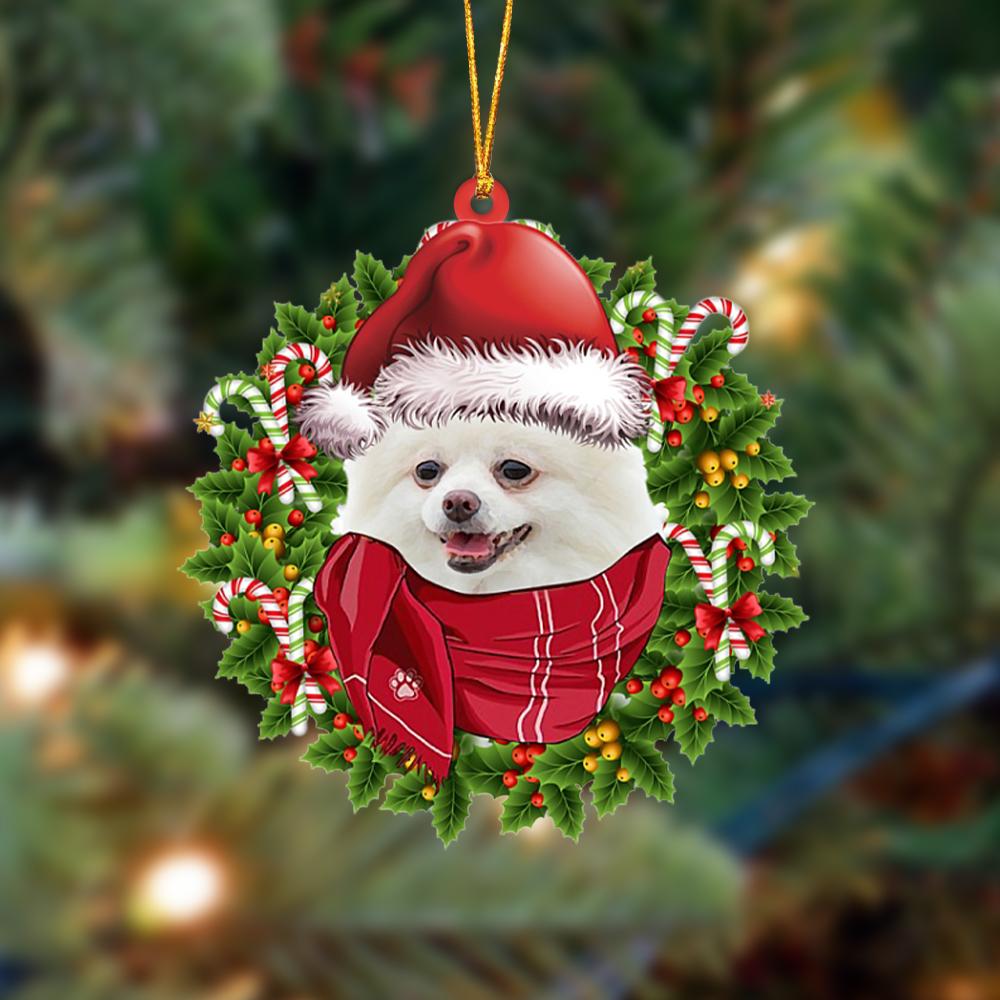 WHITE Pomeranian-Xmas Bandana Hanging Ornament