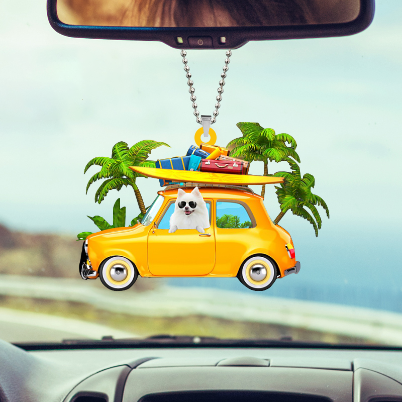 WHITE Pomeranian-Yellow Sports Car Two Sides Ornament