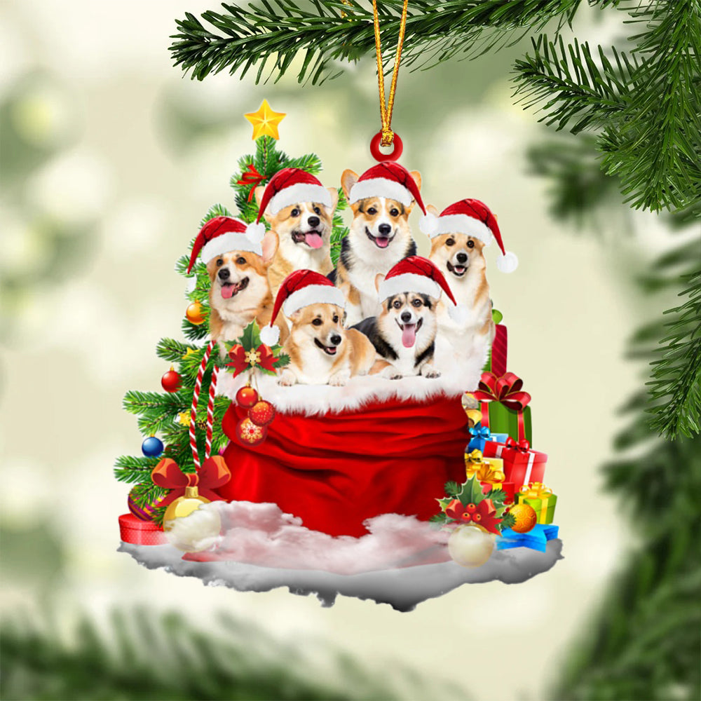 Welsh Corgi-Christmas Bag&amp;Dogs-Two Sided Ornament