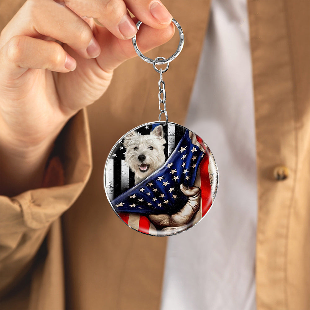 West Highland White Terrier (2)-Inside American Flag Independence Day Round Resin Epoxy Metal Keychain