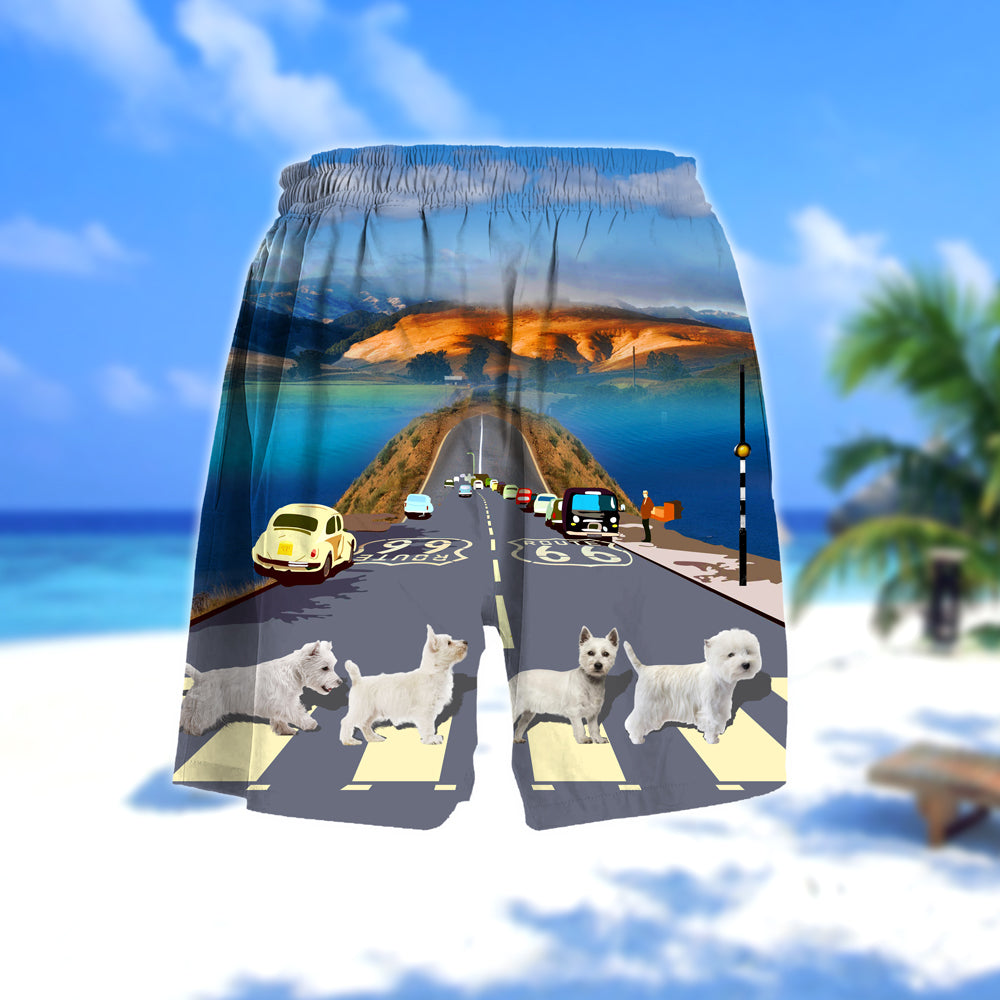 West highland white terrier Cross the road- Men Hawaii Beach Shorts