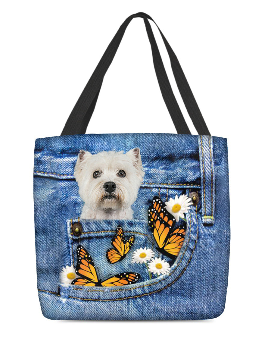 Westie-Butterfly Daisies Fait-CLOTH TOTE BAG