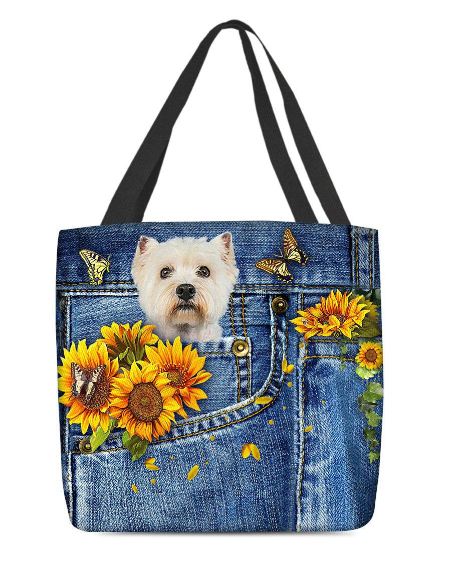 Westie-Sunflowers &amp; Butterflies Cloth Tote Bag
