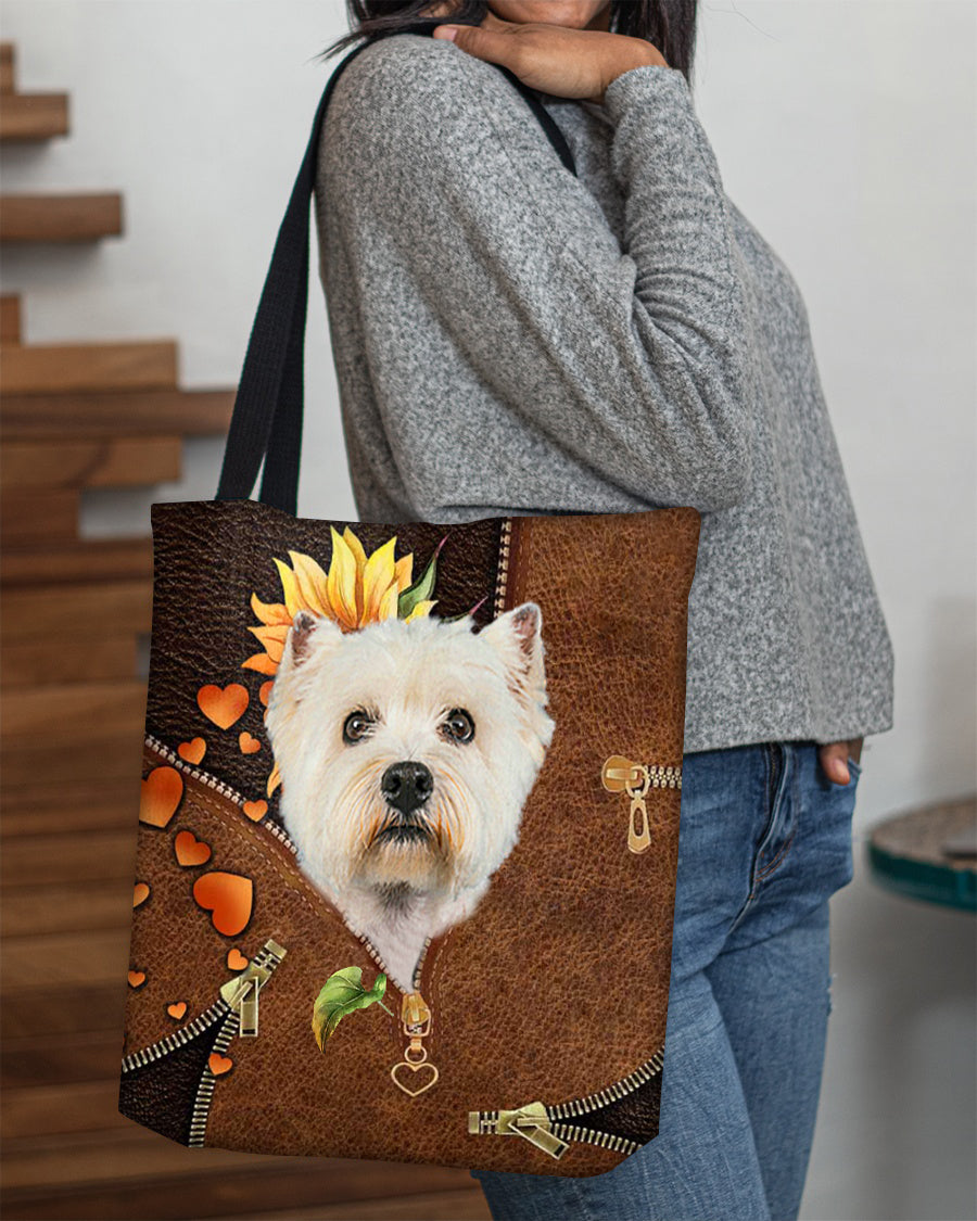 Westie-Sunflower&amp;zipper Cloth Tote Bag