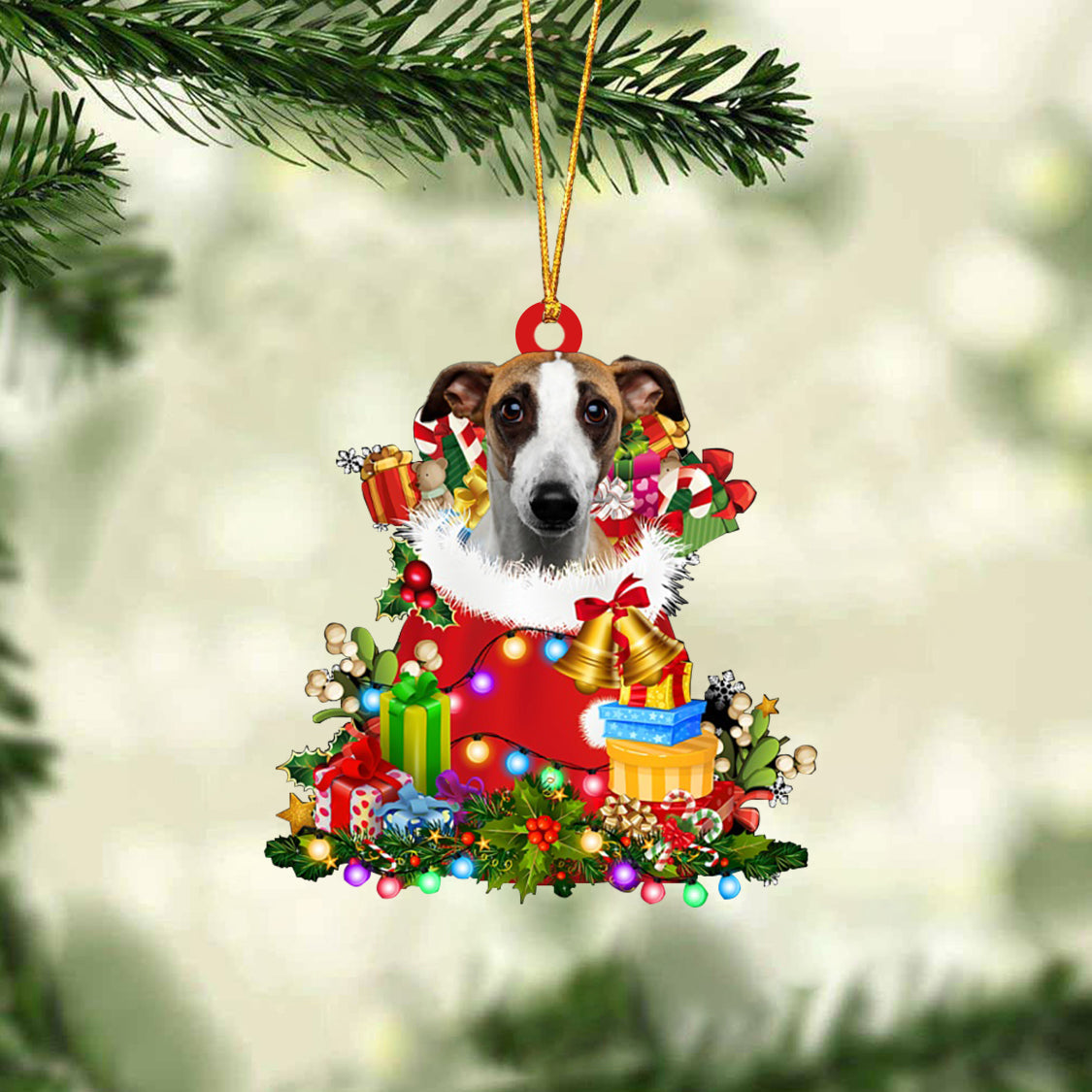 Whippet-Christmas Bag Gift-Two Sided Ornament