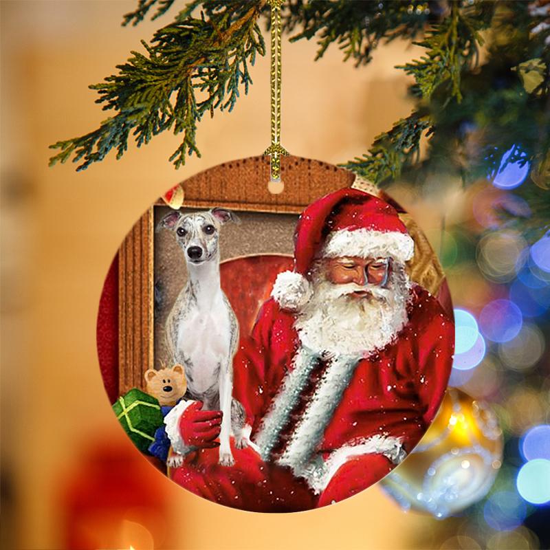 Whippet With Santa Christmas Ornament