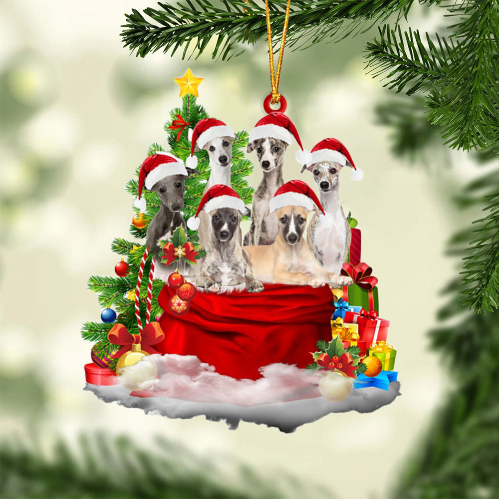 Whippet-Christmas Bag&amp;Dogs-Two Sided Ornament