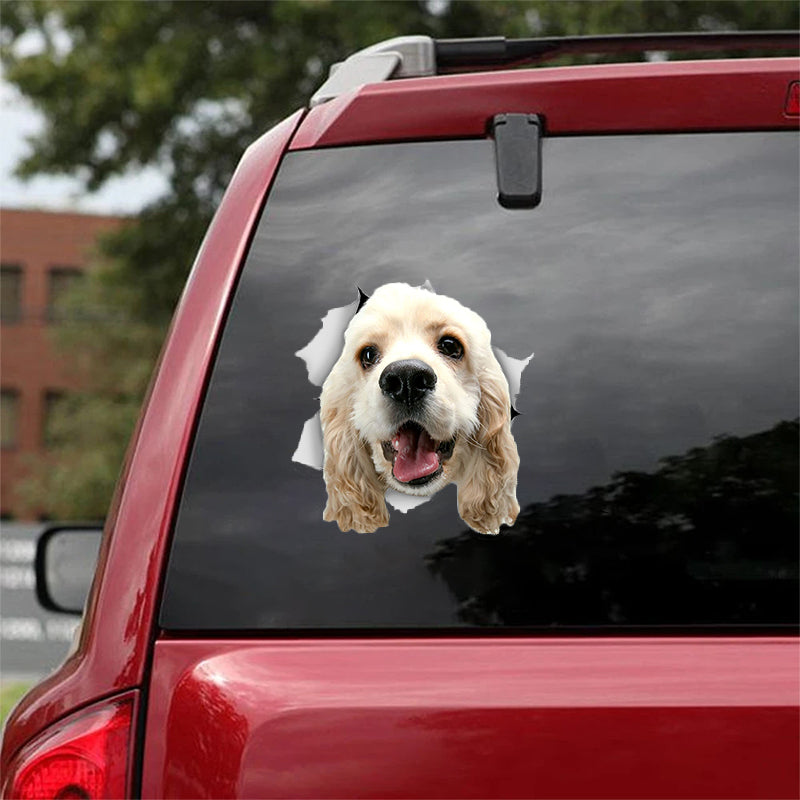 Cute White Cocker Spaniel CRACK CAR STICKER