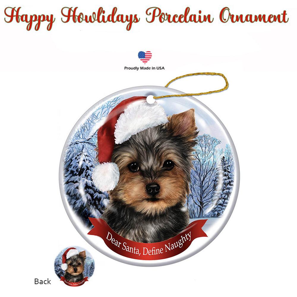 Yorkie Santa Hat Porcelain Christmas Ornament