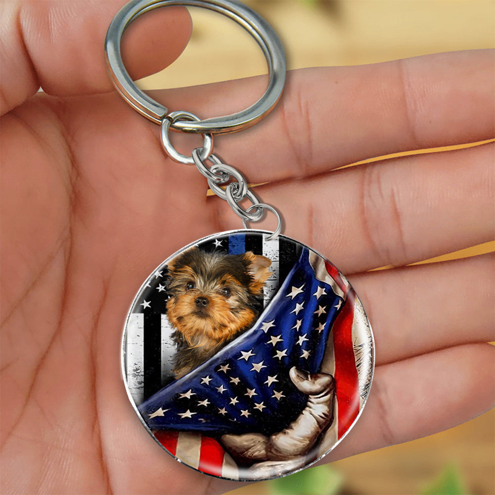 Yorkshire Terrier2-Inside American Flag Independence Day Round Resin Epoxy Metal Keychain