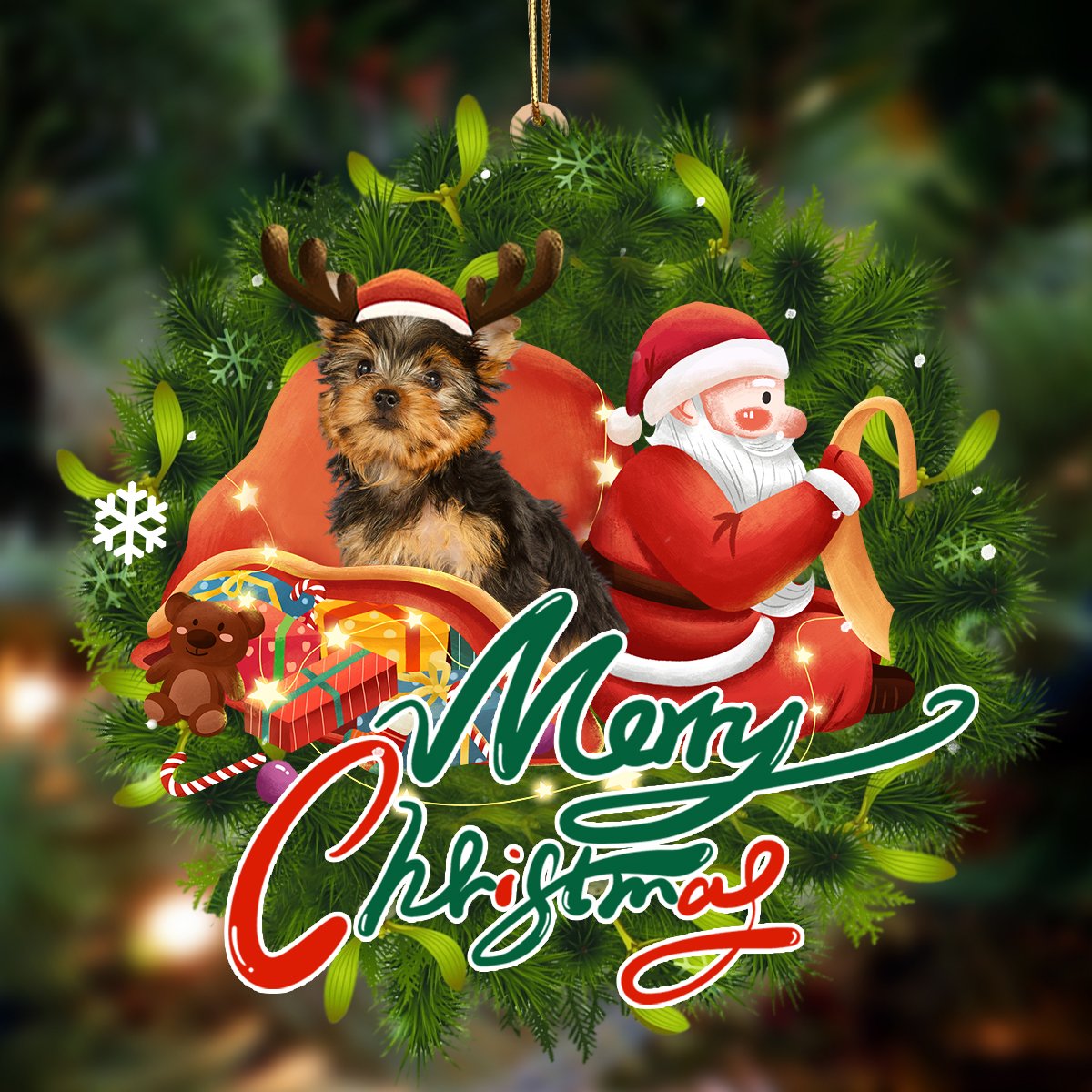 Yorkshire Terrier-Santa &amp; dog Hanging Ornament