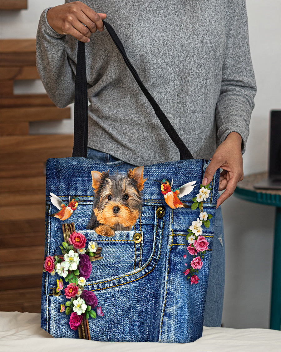 Yorkshire Terrier-Cardinal &amp; Cross Flower Cloth Tote Bag