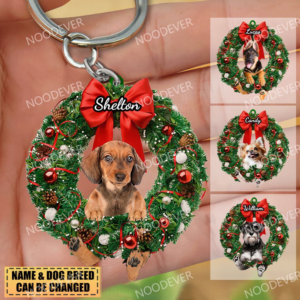 Personalized Dog &amp; Christmas Wreath-Two Sided Keychain