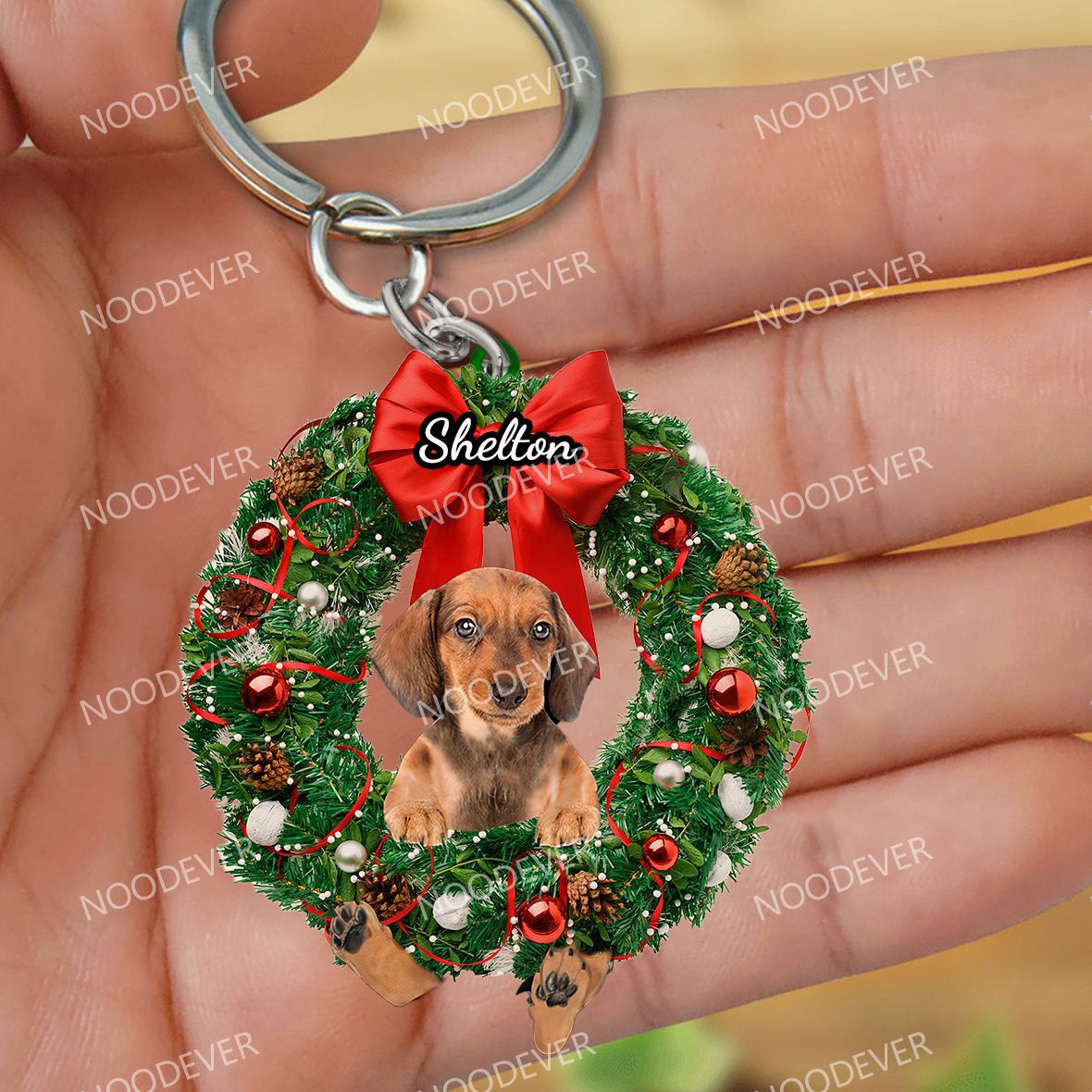 Personalized Dog &amp; Christmas Wreath-Two Sided Keychain