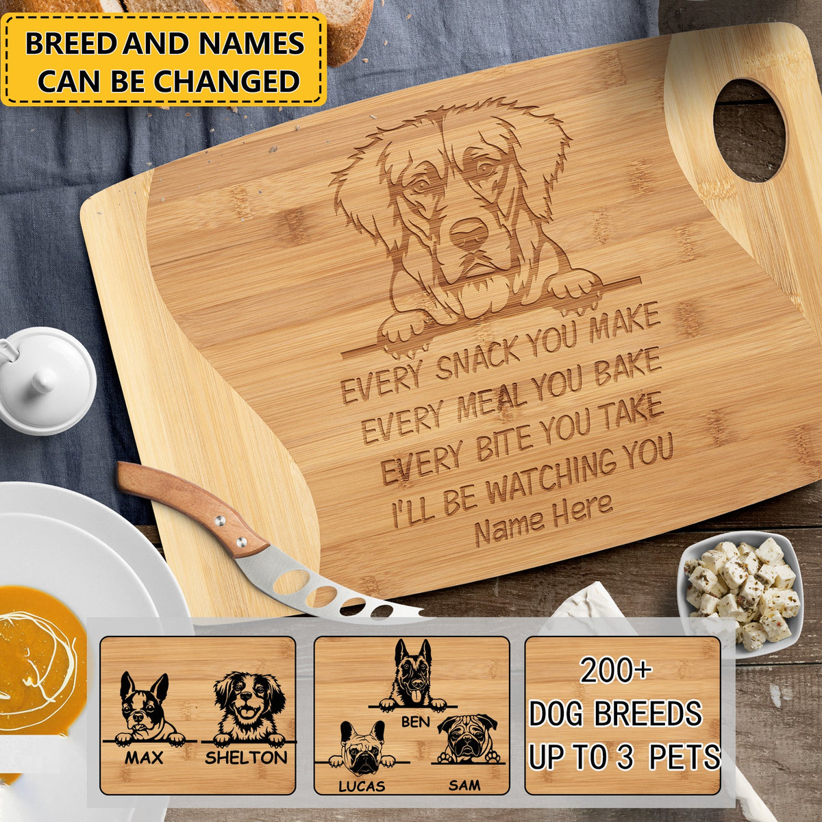 Personalized Dog Lovers Bamboo Cutting Board- Every Snack You Make