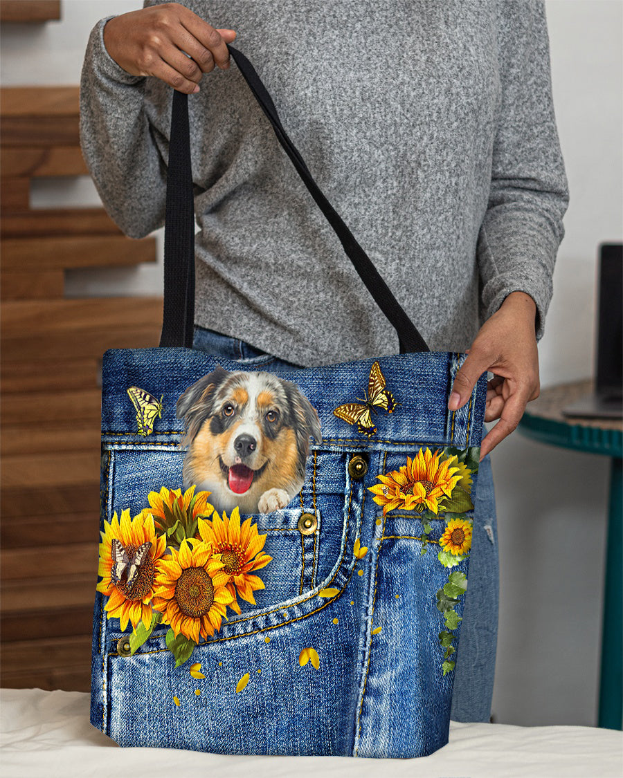Australian Shepherd1-Sunflowers &amp; Butterflies Cloth Tote Bag