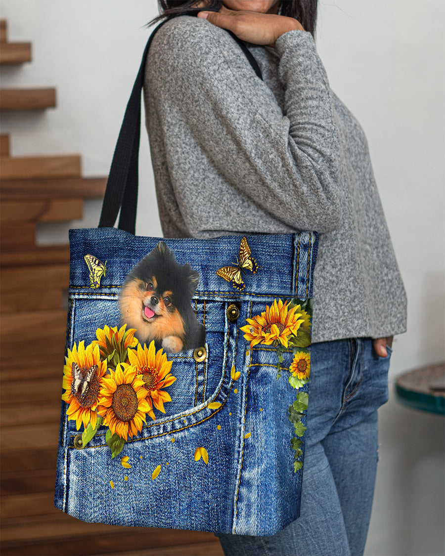 Black and Tan pomeranian-Sunflowers &amp; Butterflies Cloth Tote Bag
