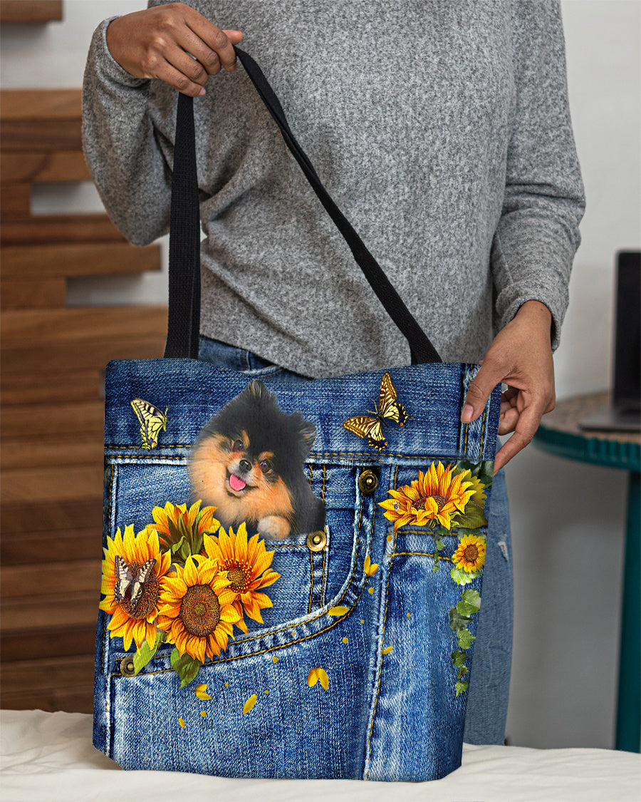 Black and Tan pomeranian-Sunflowers &amp; Butterflies Cloth Tote Bag