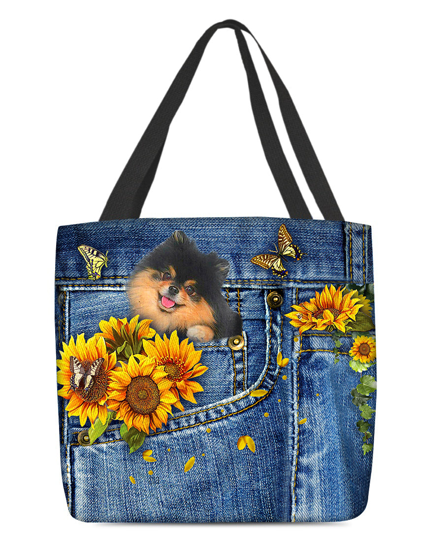 Black and Tan pomeranian-Sunflowers &amp; Butterflies Cloth Tote Bag
