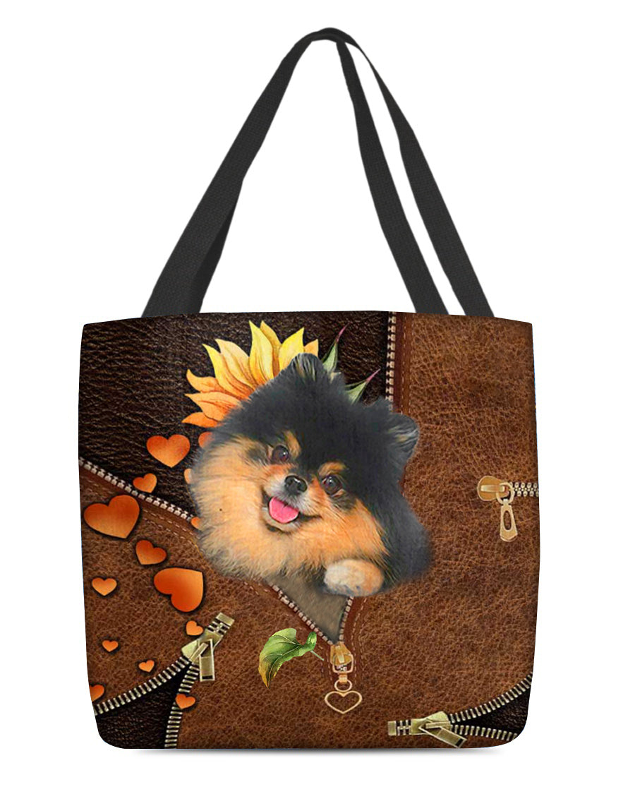 Black and Tan Pomeranian-Sunflower&amp;zipper Cloth Tote Bag