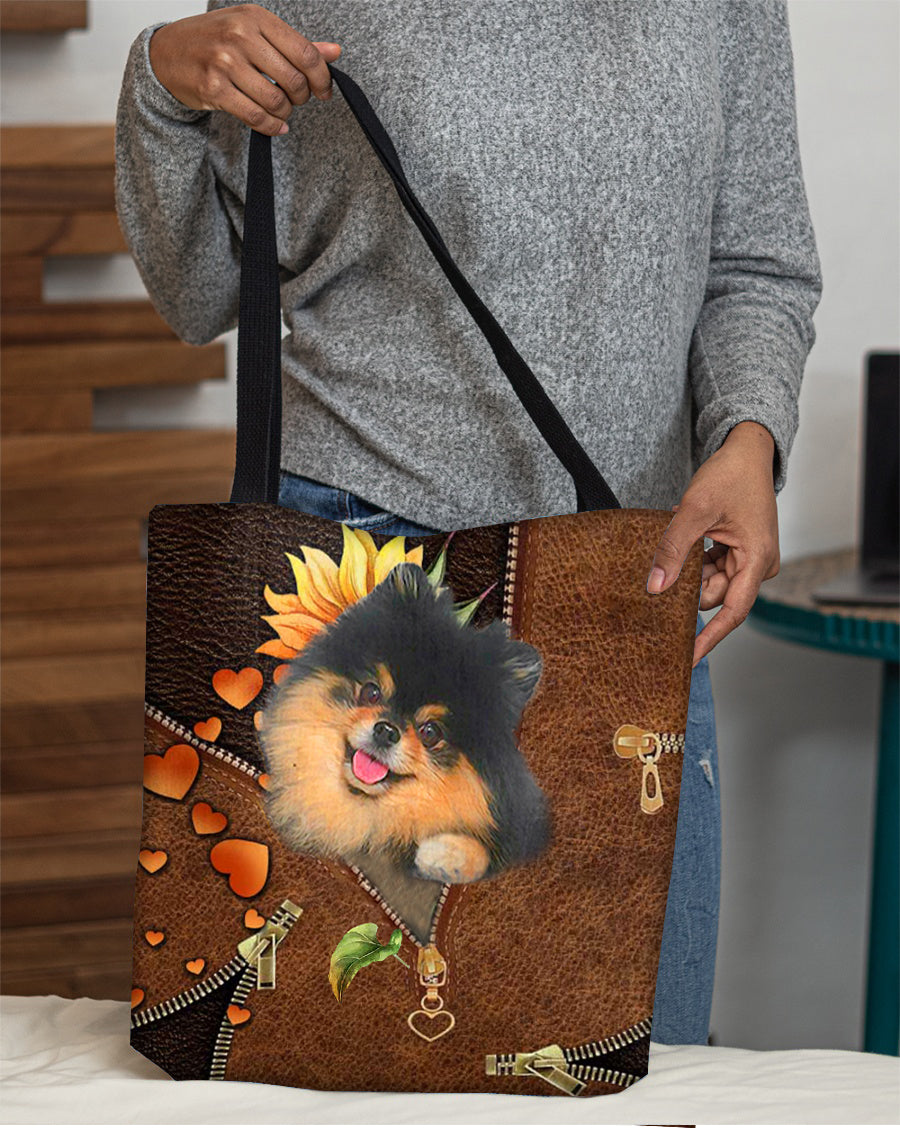 Black and Tan Pomeranian-Sunflower&amp;zipper Cloth Tote Bag