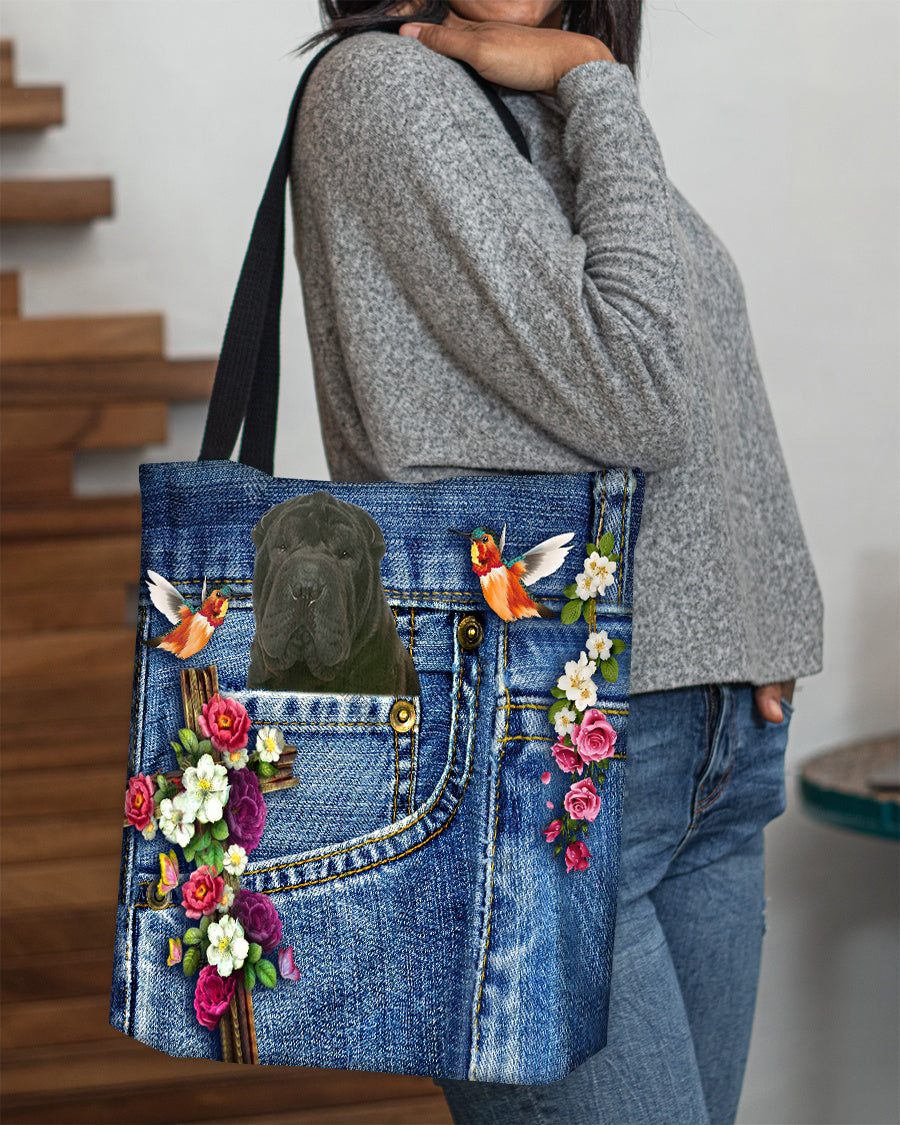 Black Shar Pei-Cardinal &amp; Cross Flower Cloth Tote Bag