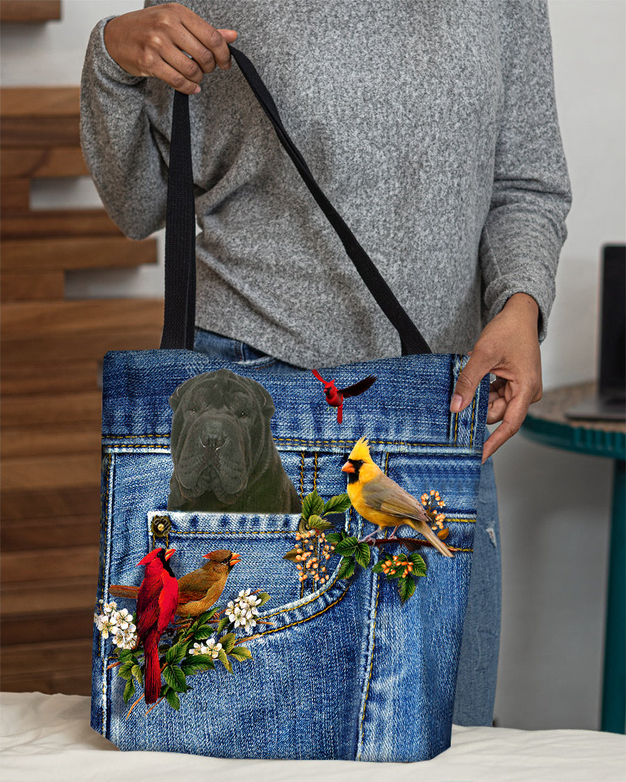 Black Shar Pei-Cardinal &amp; Dog Cloth Tote Bag